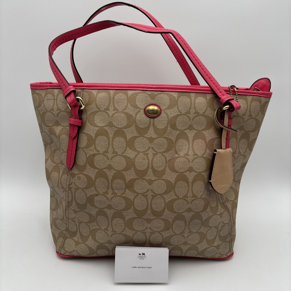 Coach Logo Tote in Khaki Signature with Pink Trim